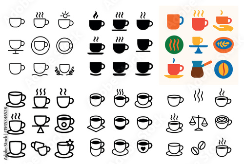 Coffee icons with cup mug saucer minimal