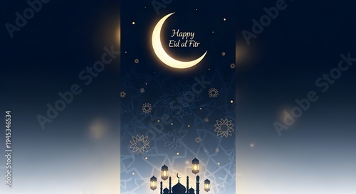 Islamic celebration night scene with crescent moon and starry sky