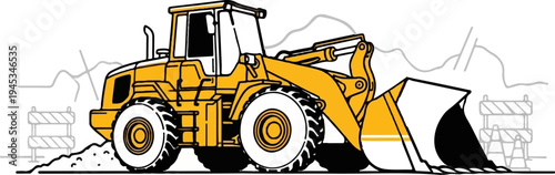 Yellow construction vehicle with a shovel in dirt and barricades