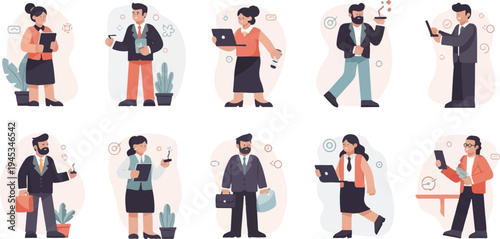 Diverse professionals engaged in various activities, showcasing modern work environment dynamics