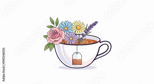 White teacup overflowing with colorful flowers and tea bag