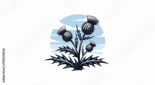 Stylized thistle plant with spiky leaves and purple-tipped buds against a cloudy sky