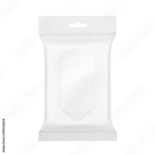 Wet wipes flow package mockup with realistic flap and hang slot. Vector illustration isolated on white background. Can be use for your design, promo, adv and etc. EPS10.