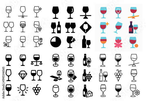 Wine icons with glass bottle grape flat
