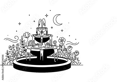 Whimsical fountain with moon and stars amidst a garden bloom
