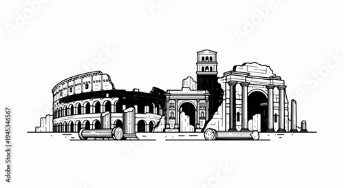 Ancient Roman ruins with the Colosseum, an arch, and a tower