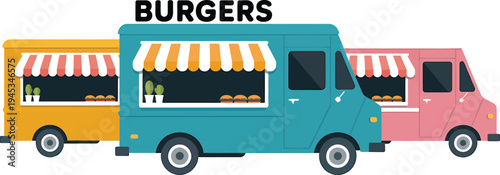 Outline food trucks selling burgers and leaves isolated on transparent background vector illustration