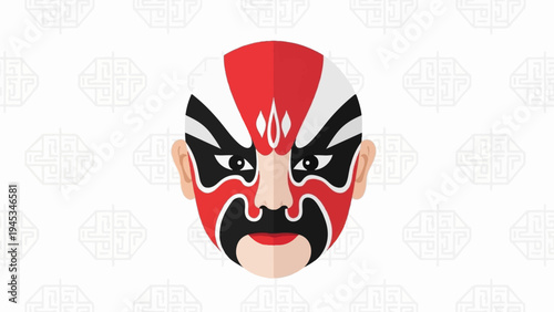 Traditional opera mask with striking red, white, and black face paint