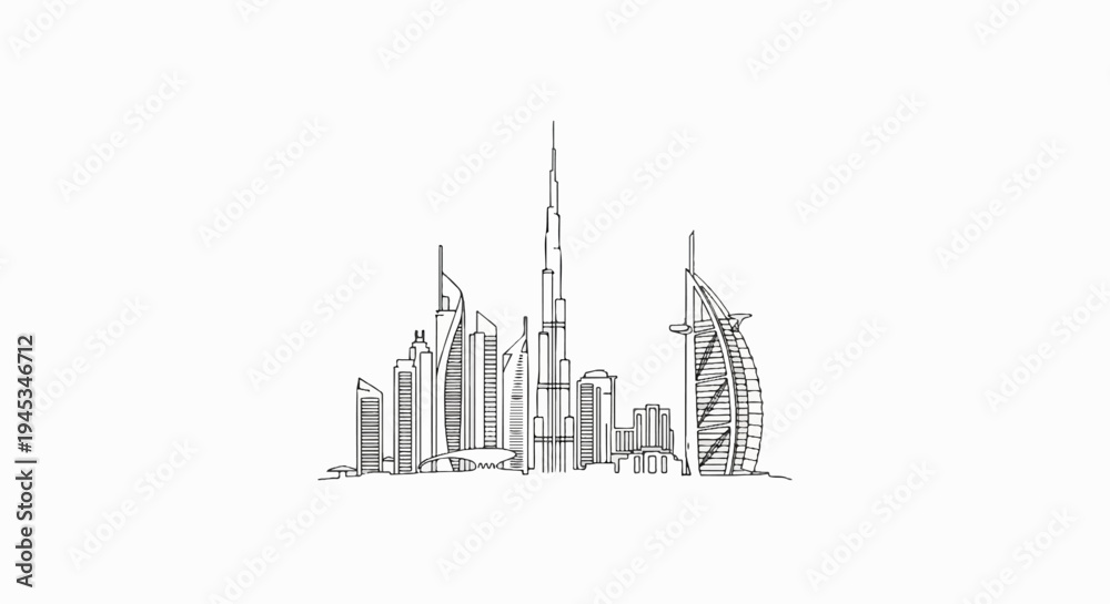 Obraz premium Stylized line drawing of a modern city skyline with distinct tall buildings