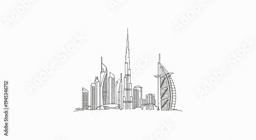 Stylized line drawing of a modern city skyline with distinct tall buildings