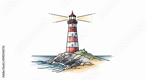 A striped lighthouse stands tall on rocky shore, guiding ships with its beacon