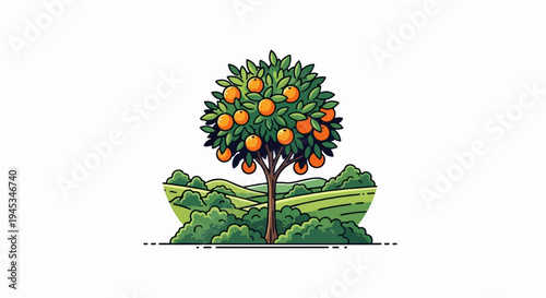A stylized orange tree with fruit in a lush, rolling green landscape