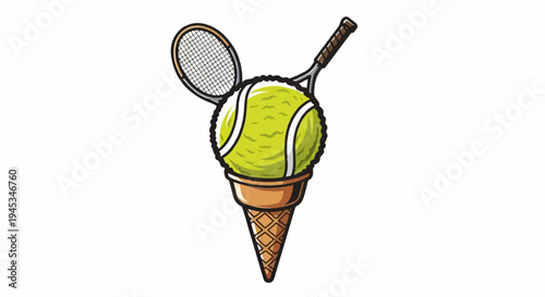 A tennis ball and rackets are presented as a sweet treat in a cone
