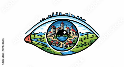 Stylized eye reflects a serene landscape and a quaint village scene
