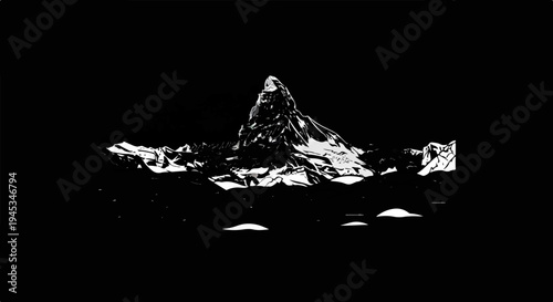 Stark, high-contrast graphic of a jagged mountain peak on a dark background
