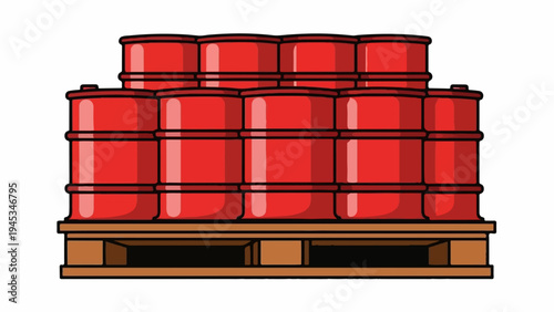 Stacked red barrels on a wooden pallet