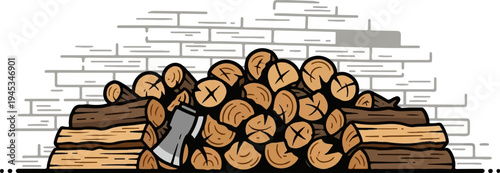 Stacked logs and axe against a brick wall