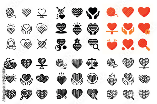 Love icons with heart yarn and hands outline