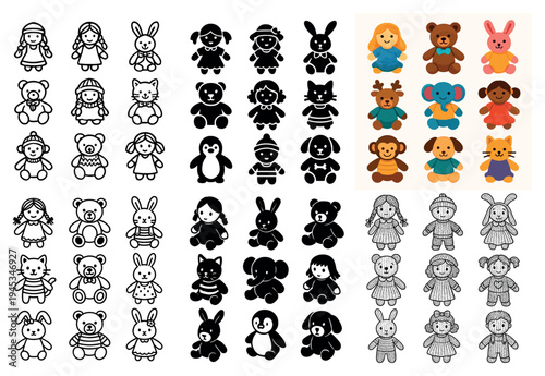 Toys icons with doll bear rabbit playful