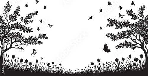 Silhouette landscape with trees, flowers, birds and butterflies on transparent background