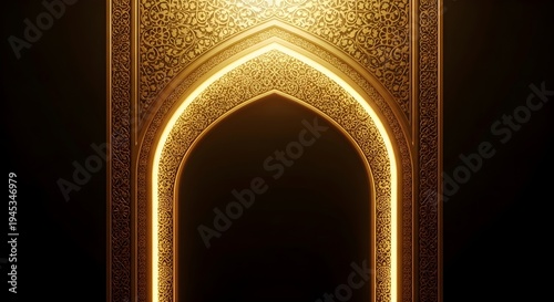 Ornate golden archway design with glowing edges on black background