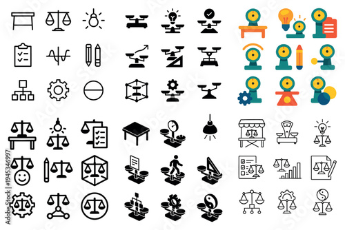 Justice icons with scale balance checklist flat
