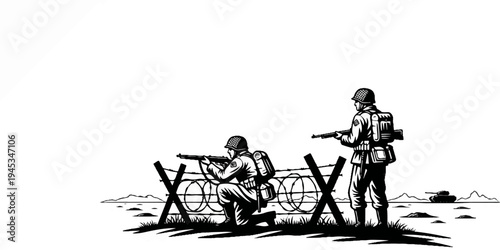 Soldiers in uniform, armed, behind barbed wire with tank in background