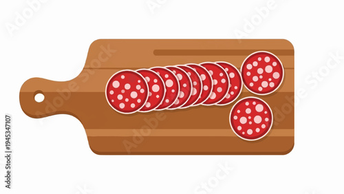 Sliced sausage on a wooden cutting board, top view