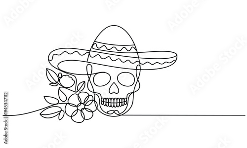 Skull with Sombrero and Flowers Continuous Line Art Day of the Dead Symbolism
