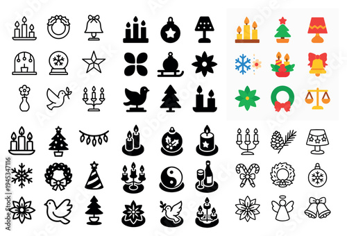 Holiday icons with candle wreath tree festive