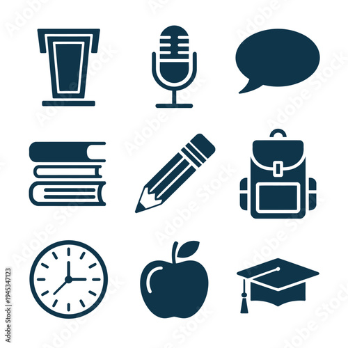 A grid of nine dark glyph icons features educational and communication symbols including a podium, microphone, speech bubble, books, and an apple.
