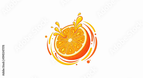 A vibrant, stylized orange slice with juice splashing outwards