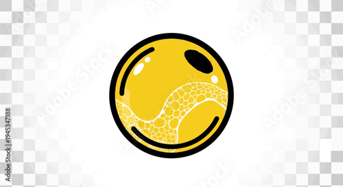 Yellow sphere with dark outline, glossy sheen, and bubbly texture inside