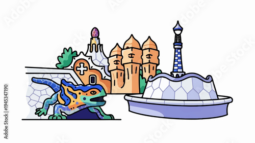 Whimsical mosaic lizard guards fantastical, turreted structures and a lighthouse