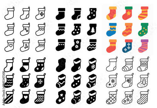 Holiday icons with stocking sock tree colorful flat