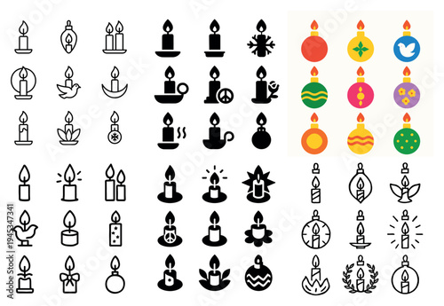 Celebration icons with candle and flame flat