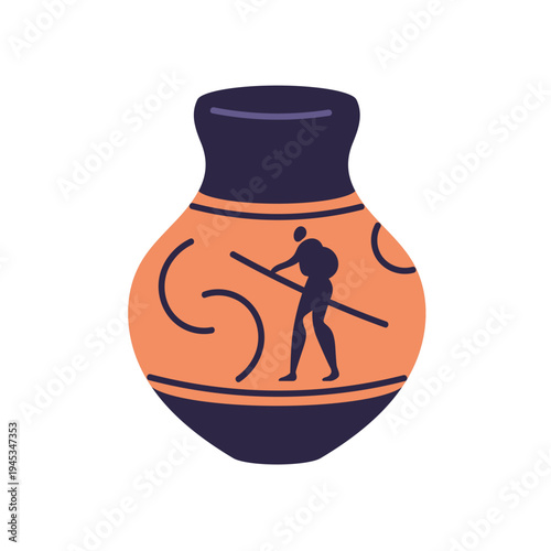 Ancient greek vase with black figure warrior silhouette. Old antique ceramic pottery artifact. Classic urn with history painting, pattern. Flat vector illustration isolated on white background