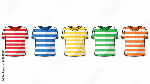 Five colorful striped t-shirts displayed side by side