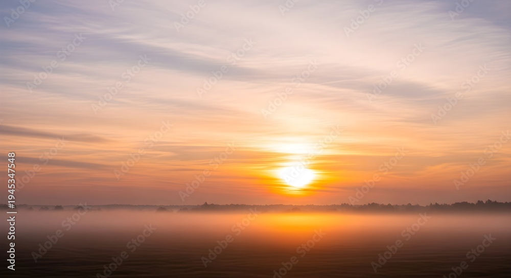 Obraz premium Vibrant sunrise over a misty field with golden light and atmospheric clouds