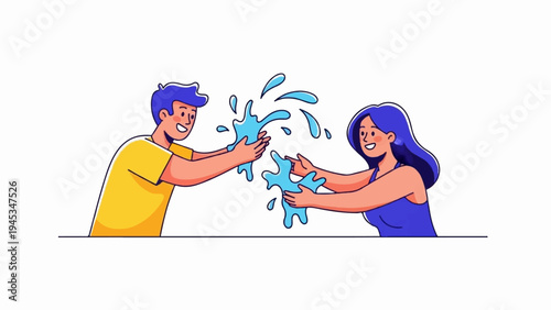 Joyful couple playfully splashing water at each other with glee