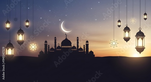 Silhouette of a mosque with lanterns and crescent moon against a twilight sky