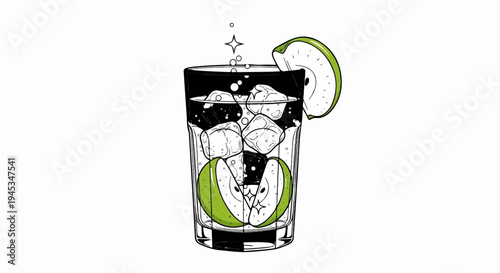 Refreshing apple drink with ice, bubbles, and slice garnish
