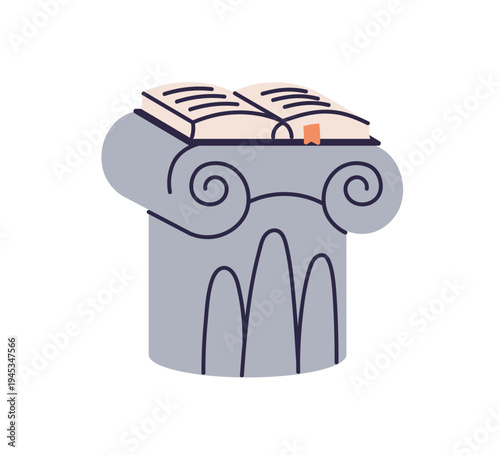 Open book on ancient historic classical column capital. Antique wisdom, history, philosophy, education and knowledge concept. Academic literature. Flat vector illustration isolated on white background