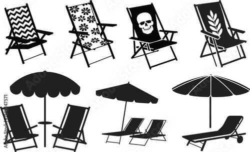 Beach chair and umbrella silhouette vector set, summer vacation icons, sunbed, lounge furniture, deckchair with floral patterns, skull