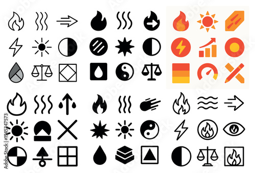 Energy icons with flame sun droplet flat