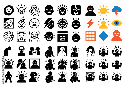 Emotion icons with angry face lightning bold