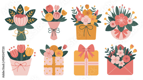 A colorful illustration of bouquets and gifts in pastel shades for a special occasion or celebration