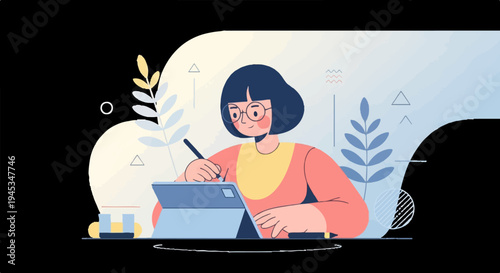 Person wearing glasses draws on a tablet with a stylus in a whimsical setting