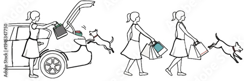 Person loading shopping bags into car, dog jumping, then person walking with bags