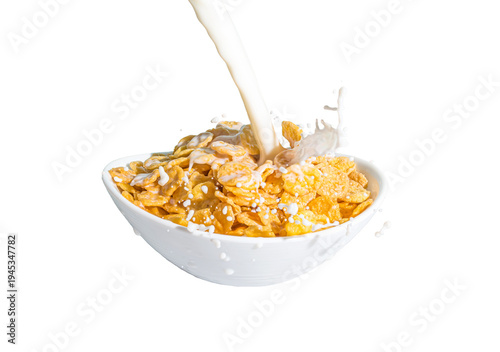 PNG, a stream of milk pouring into a cup over yellow cornflakes. Close-up, transparent background, large photo, high resolution, large size, pattern, design